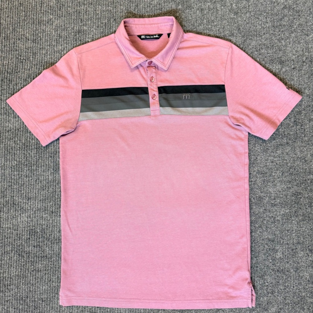 TravisMathew Mens Pink Chest Stripe Golf Polo Shirt Wild Dunes Medium - Picture 2 of 11